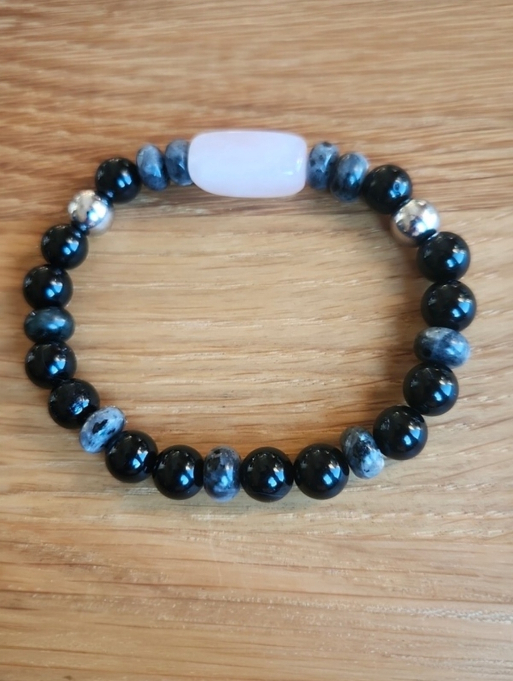 Rose Quartz, Gray Larvikite & Black Onyx Beaded Stretch Bracelet | Handmade
